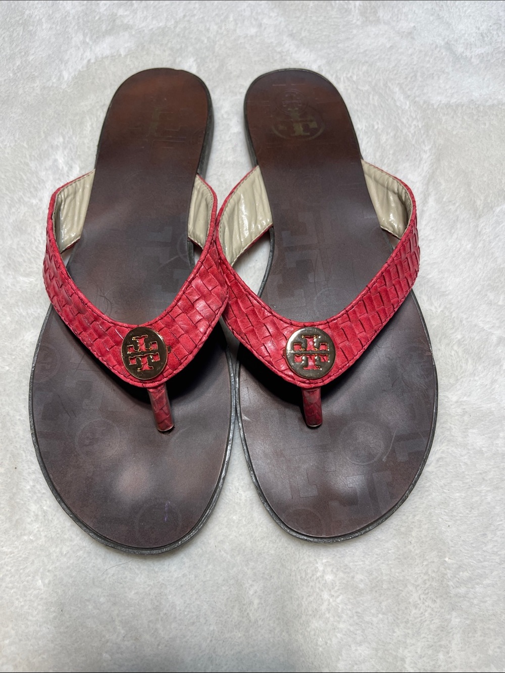 Tory Burch Red Woven Logo Toe-Post Sandals Size 40